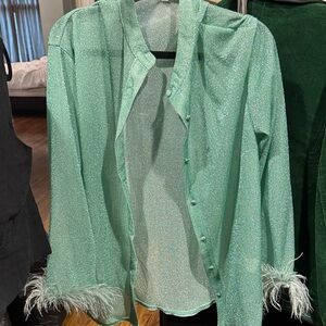 Sparkling Mint Green sheer Button-Up Top with Feather Cuffs